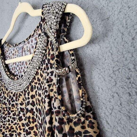 C. Oliver Blouse M Leopard Print Cold Shoulder Stretchy Silver Bead Embellished - Picture 12 of 16